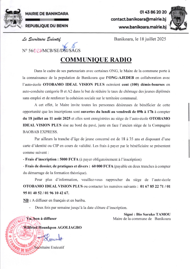 Formation à la conduite : 100 demi-bourses offertes aux jeunes de Banikoara